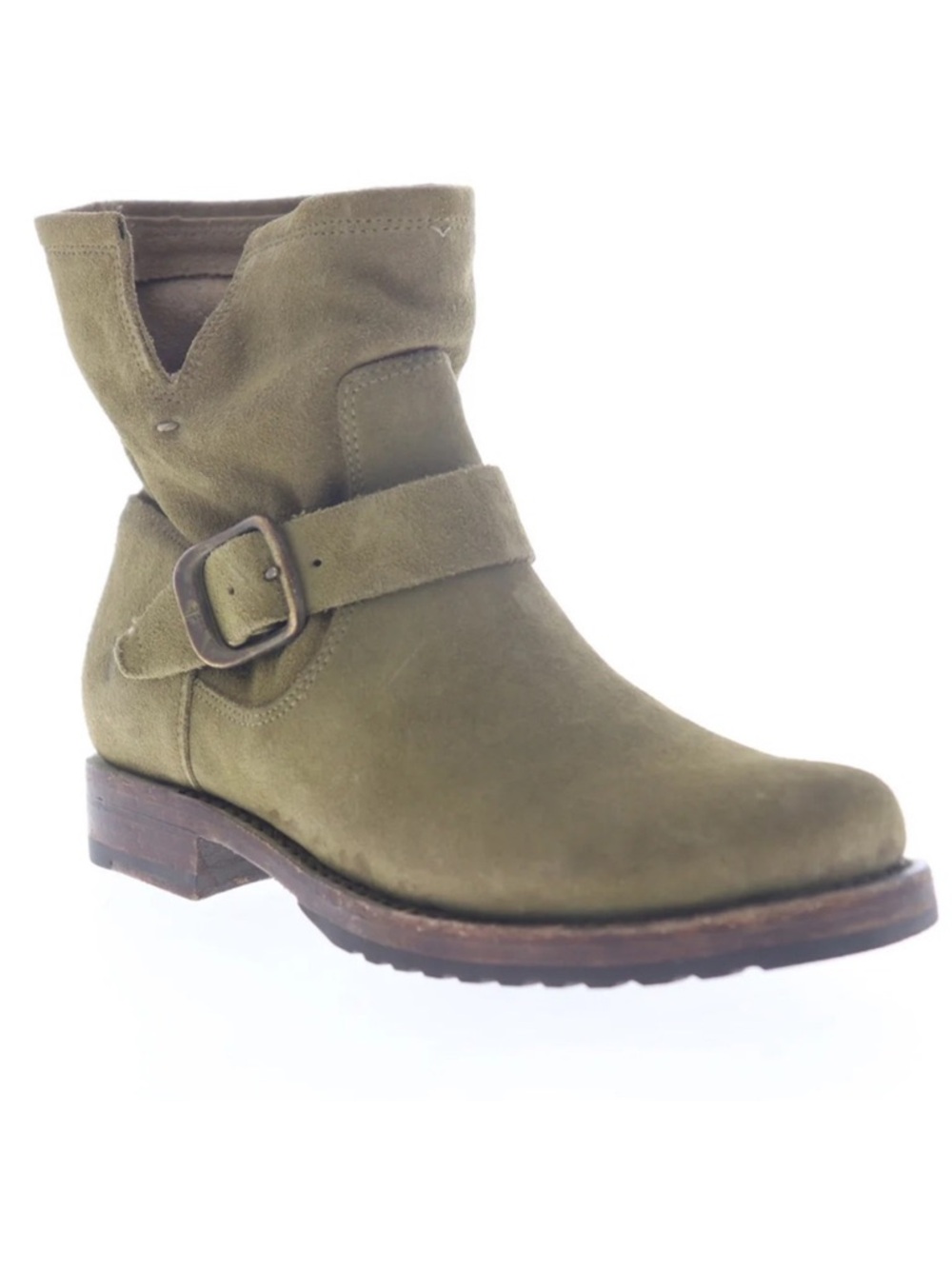 Frye Olive Suede Buckle Ankle Boots